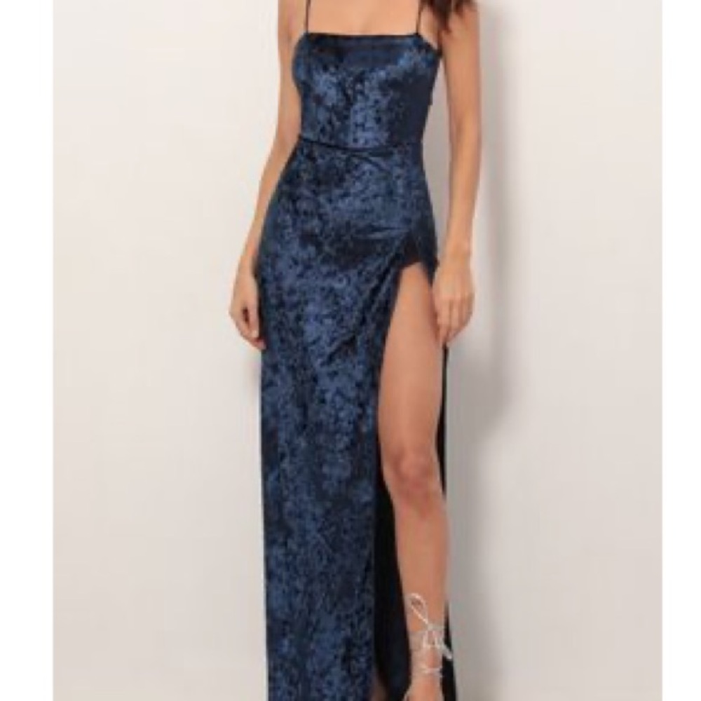 Lucy in the Sky Velvet Navy Slit Open back Maxi Gown